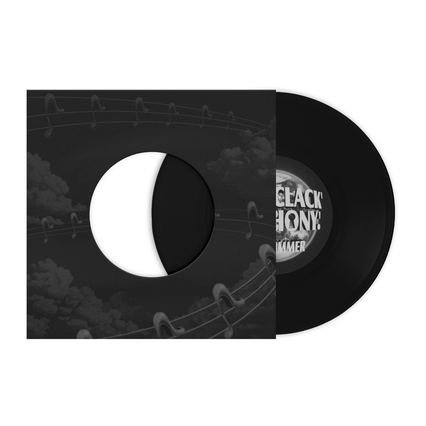 Black vinyl record with a white label and black sleeve featuring musical notes.