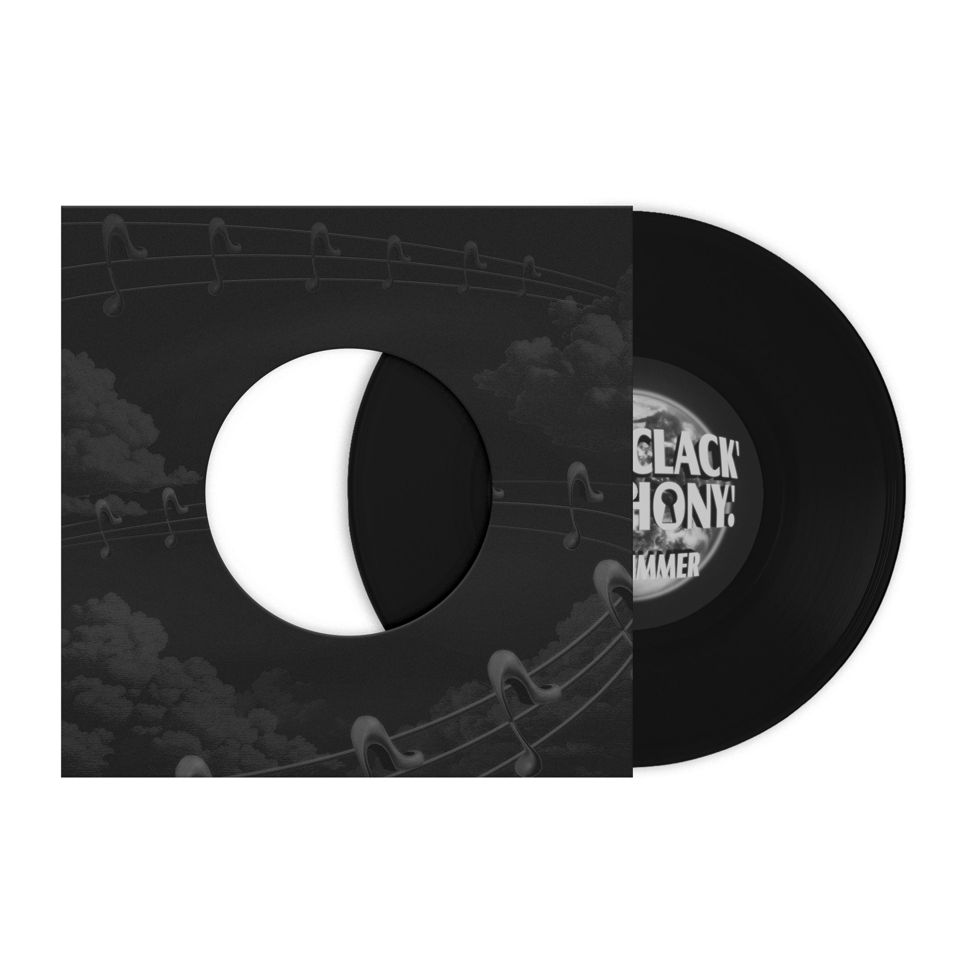 Black vinyl record with a white label and black sleeve featuring musical notes.