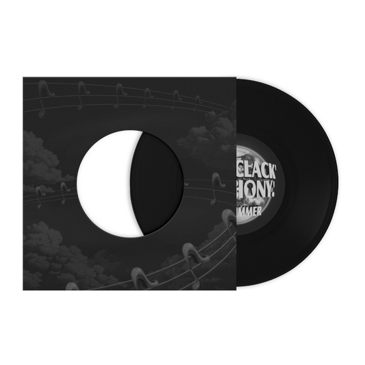 Black vinyl record with a white label and black sleeve featuring musical notes.